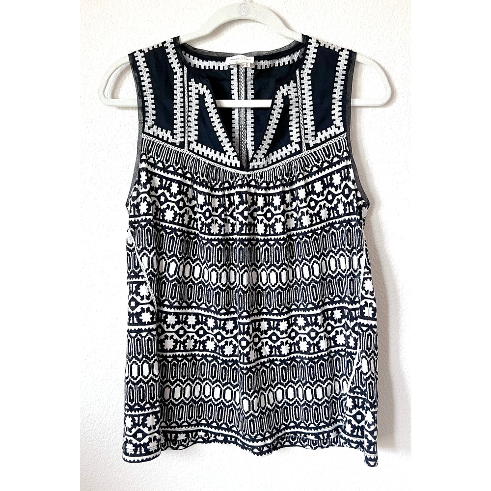 Meadow Rue Anthropologie S/M Black White Embroidered Swing Tank Top Shirt Boho